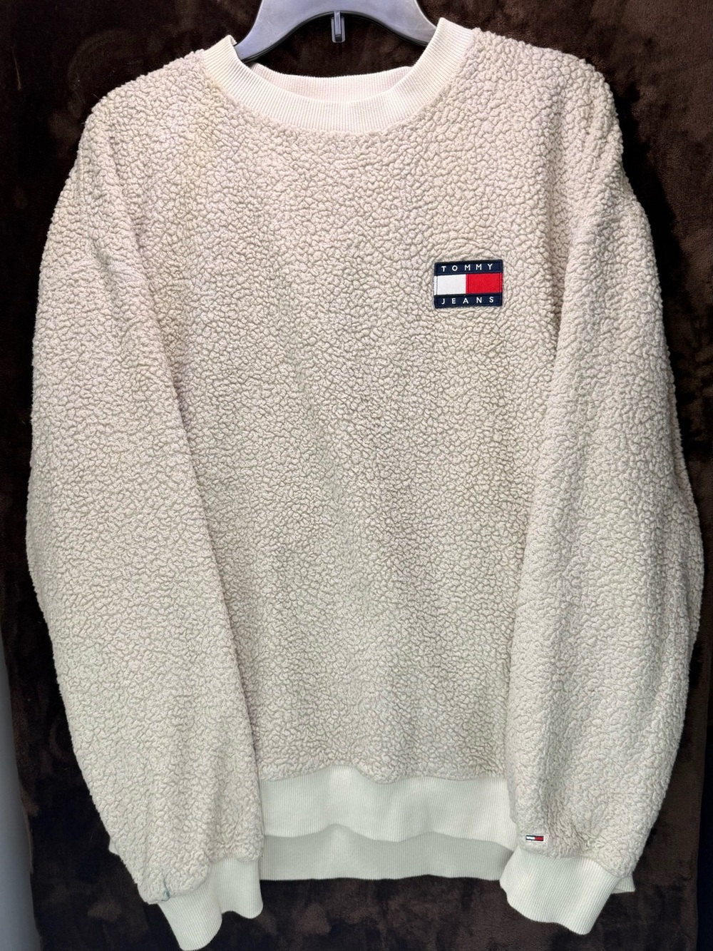 Tommy Hilfiger Cream Sherpa Crewneck Sweatshirt with Flag Patch